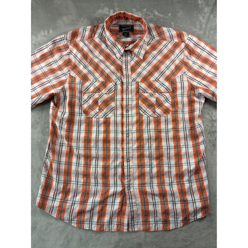 Woolrich Mens XL Short Sleeve Western Snap Plaid Shirt Orange Gray Outdoor